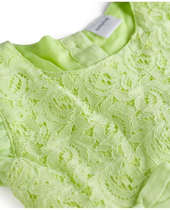Babyhug Cotton Woven Flutter Sleeves Frock With Bow Applique - Light Green