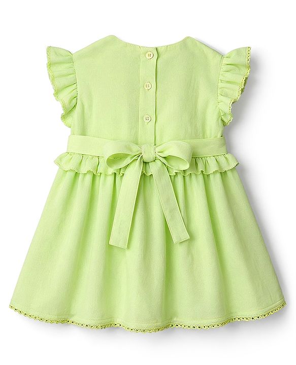Babyhug Cotton Woven Flutter Sleeves Frock With Bow Applique - Light Green