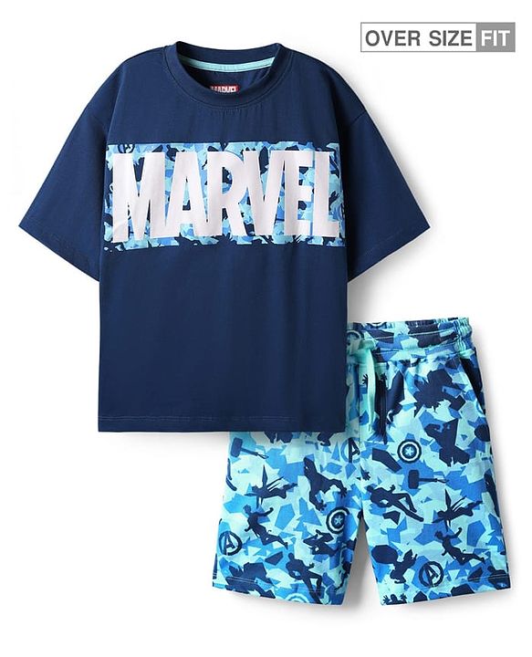 Pine Kids Marvel Single Jersey Knit Half Sleeves T-Shirt & Shorts Set with Avengers Graphic - Multicolor