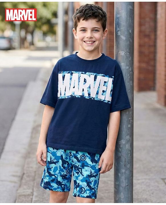 Pine Kids Marvel Single Jersey Knit Half Sleeves T-Shirt & Shorts Set with Avengers Graphic - Multicolor
