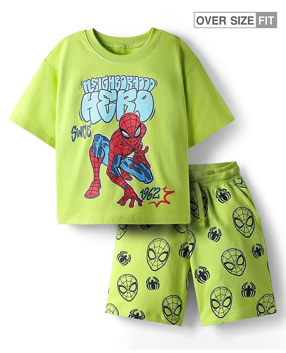 Pine Kids Marvel Single Jersey Knit Half Sleeves T-Shirt & Shorts Set with Spiderman Graphic - Green