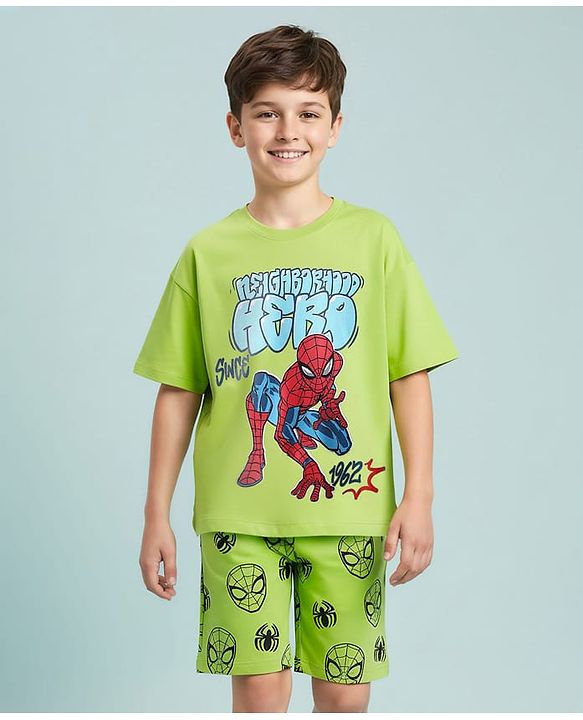 Pine Kids Marvel Single Jersey Knit Half Sleeves T-Shirt & Shorts Set with Spiderman Graphic - Green