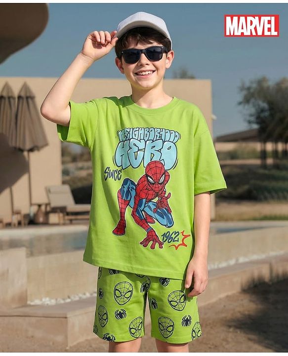 Pine Kids Marvel Single Jersey Knit Half Sleeves T-Shirt & Shorts Set with Spiderman Graphic - Green