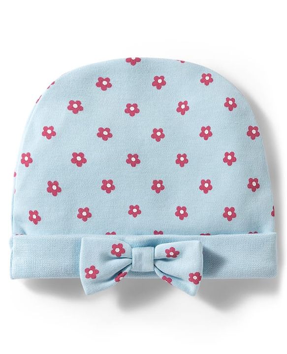 Babyhug 100% Cotton Interlock Knit Cap Mittens & Booties With Floral Print Multicolor - Diameter 10.5 cm
