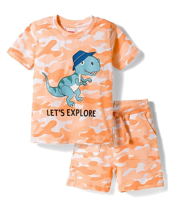 Babyhug Single Jersey Knit Half Sleeves T-Shirt & Shorts Co-ord  Set With Dino Print - Orange