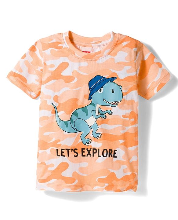 Babyhug Single Jersey Knit Half Sleeves T-Shirt & Shorts Co-ord  Set With Dino Print - Orange
