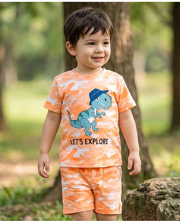 Babyhug Single Jersey Knit Half Sleeves T-Shirt & Shorts Co-ord  Set With Dino Print - Orange