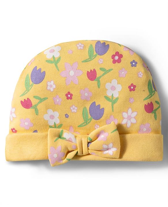 Babyhug 100% Cotton Knit Cap Mittens & Booties With Floral Print Multicolor - Diameter 9.5 cm