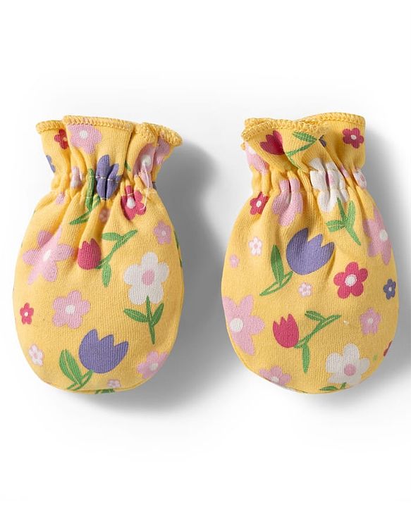 Babyhug 100% Cotton Knit Cap Mittens & Booties With Floral Print Multicolor - Diameter 9.5 cm
