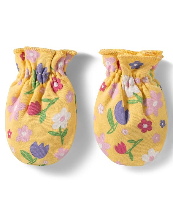 Babyhug 100% Cotton Knit Cap Mittens & Booties With Floral Print Multicolor - Diameter 9.5 cm