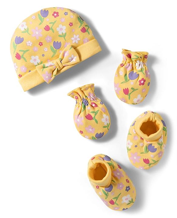 Babyhug 100% Cotton Knit Cap Mittens & Booties With Floral Print Multicolor - Diameter 9.5 cm