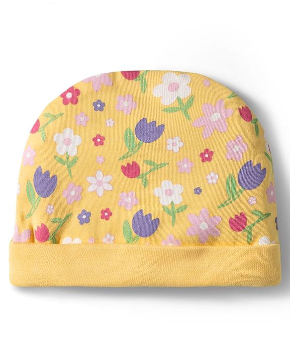 Babyhug 100% Cotton Knit Cap Mittens & Booties With Floral Print Multicolor - Diameter 9.5 cm