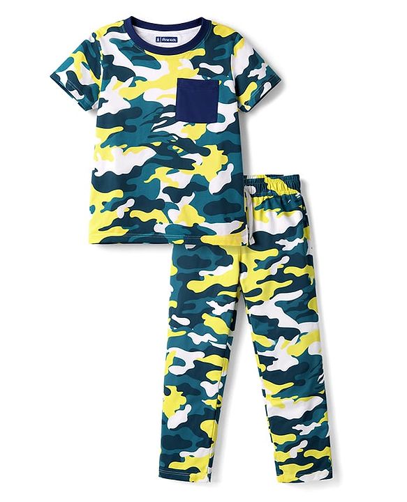 Pine Kids Cotton Knit Half Sleeves T-Shirt & Pyjama Co-ord Night Suit with Camouflage Print - White