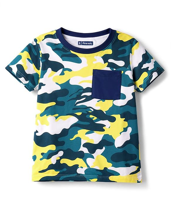 Pine Kids Cotton Knit Half Sleeves T-Shirt & Pyjama Co-ord Night Suit with Camouflage Print - White