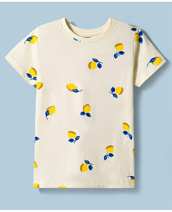 Pine Kids Cotton Knit Half Sleeves Co-Ord T-Shirt & Pyjama Night-Suit With Lemon Print - White