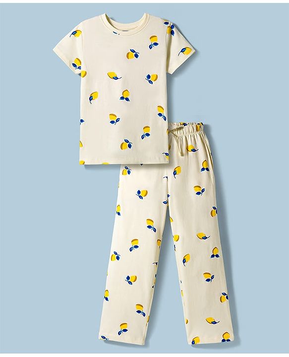 Pine Kids Cotton Knit Half Sleeves Co-Ord T-Shirt & Pyjama Night-Suit With Lemon Print - White