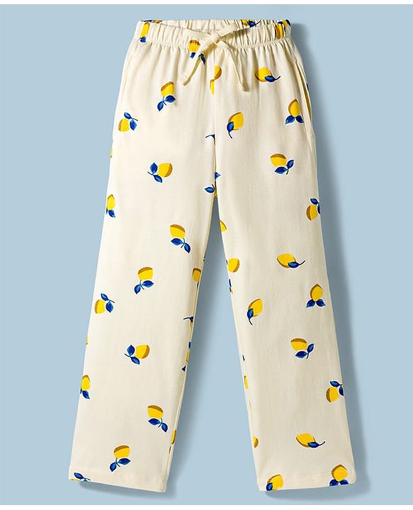 Pine Kids Cotton Knit Half Sleeves Co-Ord T-Shirt & Pyjama Night-Suit With Lemon Print - White