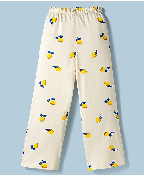 Pine Kids Cotton Knit Half Sleeves Co-Ord T-Shirt & Pyjama Night-Suit With Lemon Print - White