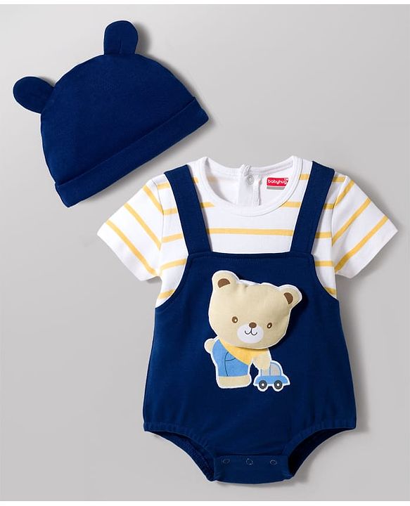 Babyhug 100 % Cotton Knit Half Sleeves Striped & Bear Printed Onesie With Cap - Multicolour