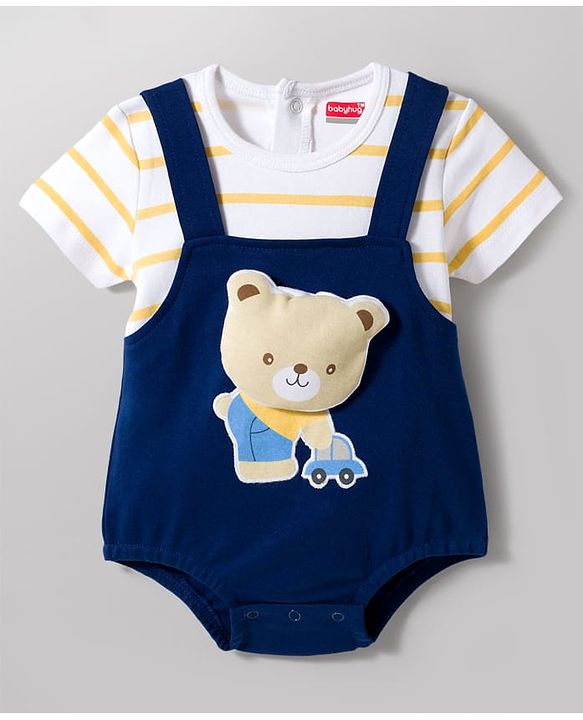 Babyhug 100 % Cotton Knit Half Sleeves Striped & Bear Printed Onesie With Cap - Multicolour