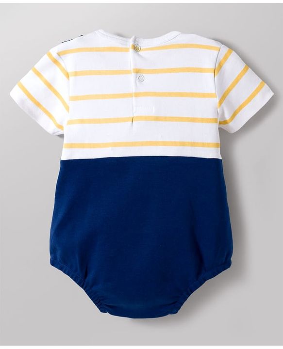 Babyhug 100 % Cotton Knit Half Sleeves Striped & Bear Printed Onesie With Cap - Multicolour