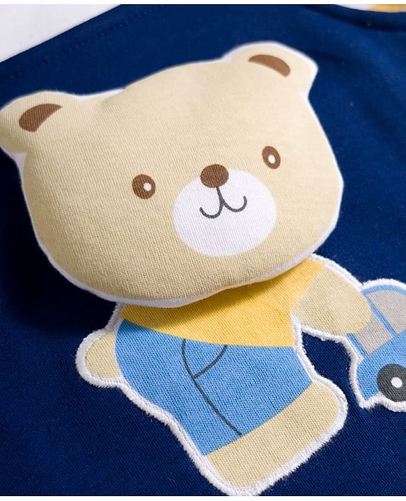 Babyhug 100 % Cotton Knit Half Sleeves Striped & Bear Printed Onesie With Cap - Multicolour