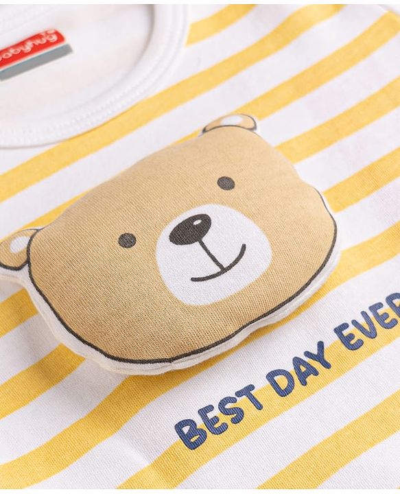 Babyhug 100% Cotton Interlock Knit Striped Onesie With Bear Applique - Yellow