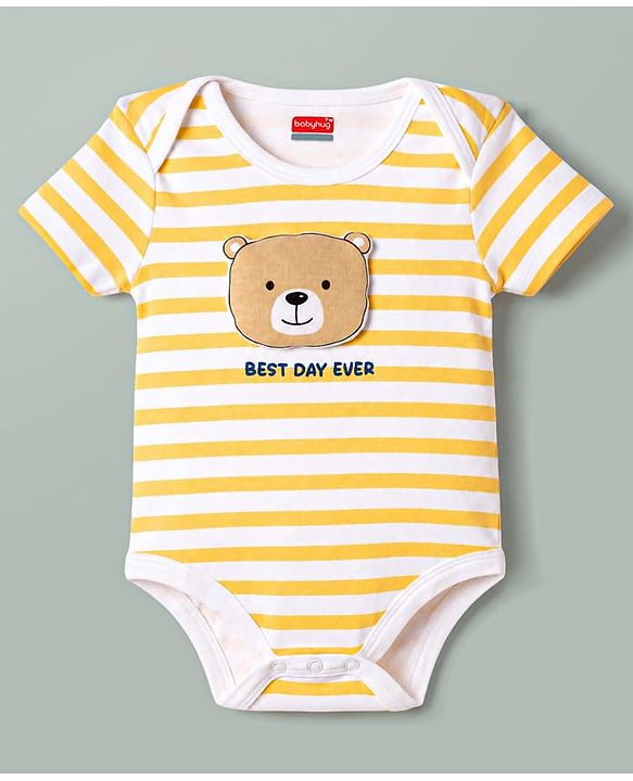Babyhug 100% Cotton Interlock Knit Striped Onesie With Bear Applique - Yellow