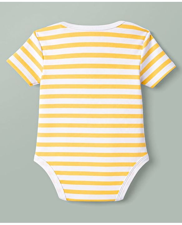Babyhug 100% Cotton Interlock Knit Striped Onesie With Bear Applique - Yellow