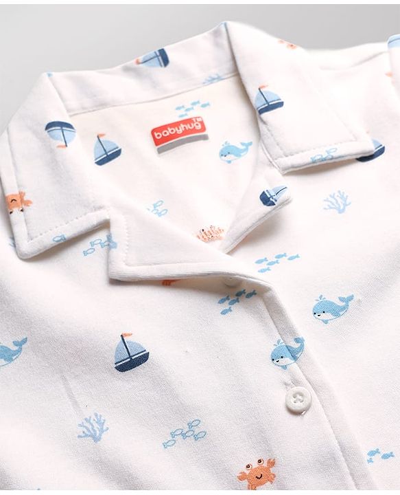 Babyhug Cotton Knit Half Sleeves Shirt & Shorts Co-ord Night Suit with Boat & Sea Animals Print - White