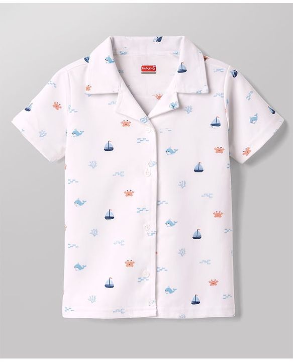 Babyhug Cotton Knit Half Sleeves Shirt & Shorts Co-ord Night Suit with Boat & Sea Animals Print - White