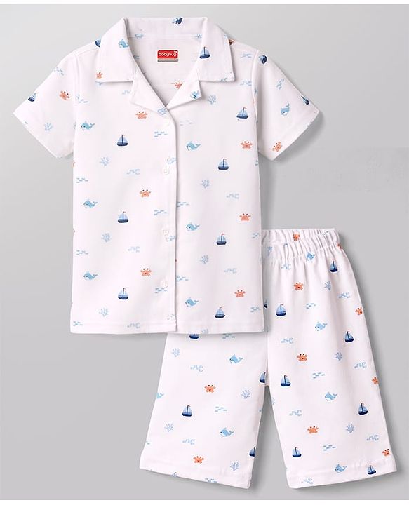 Babyhug Cotton Knit Half Sleeves Shirt & Shorts Co-ord Night Suit with Boat & Sea Animals Print - White