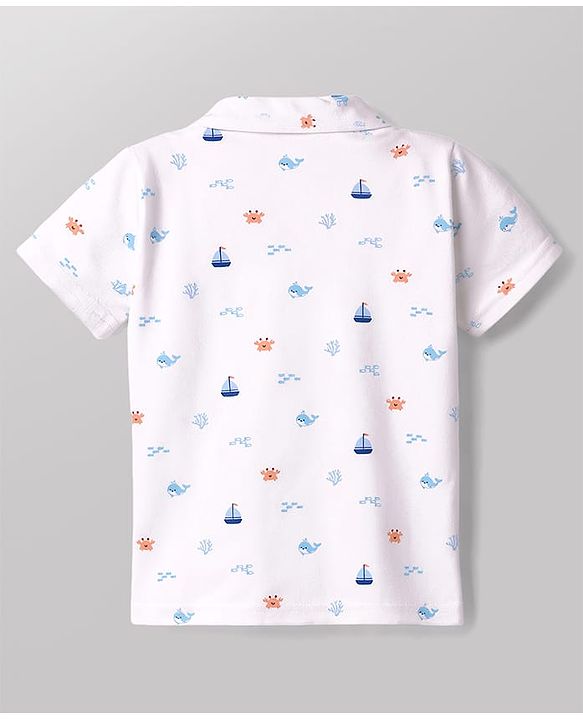 Babyhug Cotton Knit Half Sleeves Shirt & Shorts Co-ord Night Suit with Boat & Sea Animals Print - White