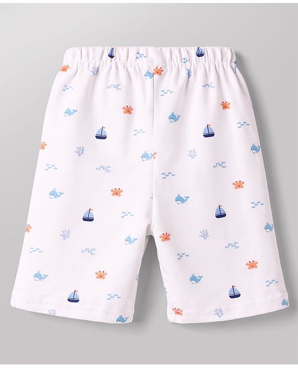Babyhug Cotton Knit Half Sleeves Shirt & Shorts Co-ord Night Suit with Boat & Sea Animals Print - White