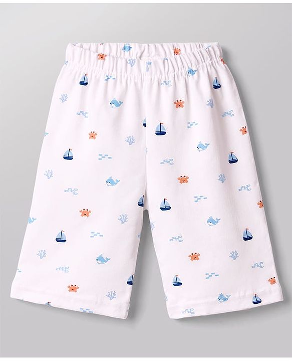 Babyhug Cotton Knit Half Sleeves Shirt & Shorts Co-ord Night Suit with Boat & Sea Animals Print - White