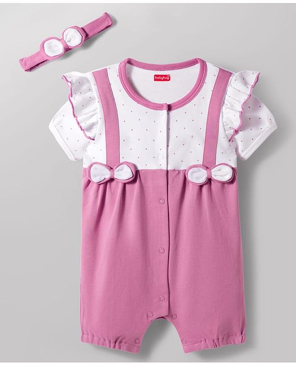 Babyhug 100% Cotton Knit Half Sleeves Polka Dot Printed Romper With Hairband & Bow Applique - Multicolor