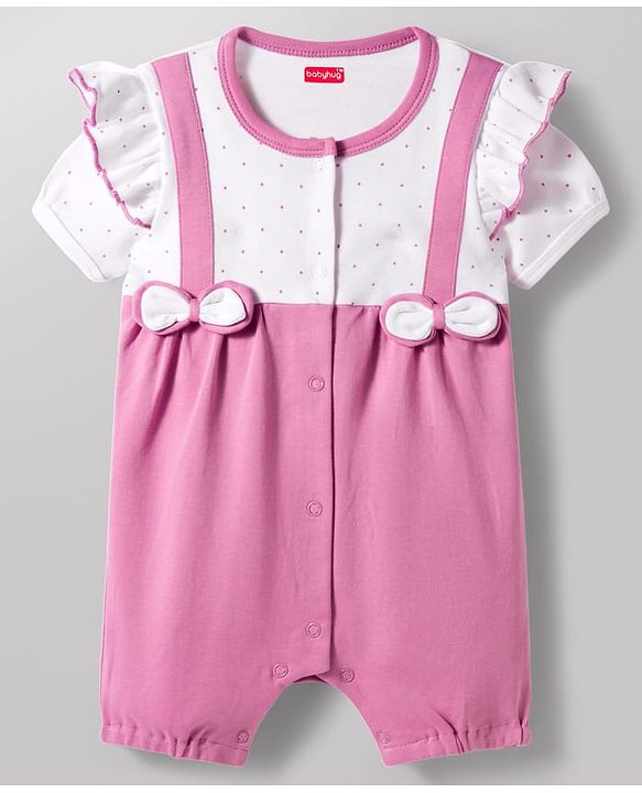 Babyhug 100% Cotton Knit Half Sleeves Polka Dot Printed Romper With Hairband & Bow Applique - Multicolor