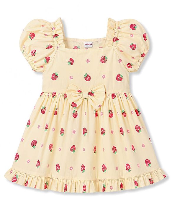 Babyhug 100% Cotton Woven Half Sleeves Strawberry Printed Frock With Bow Applique & Sling Bag - Yellow