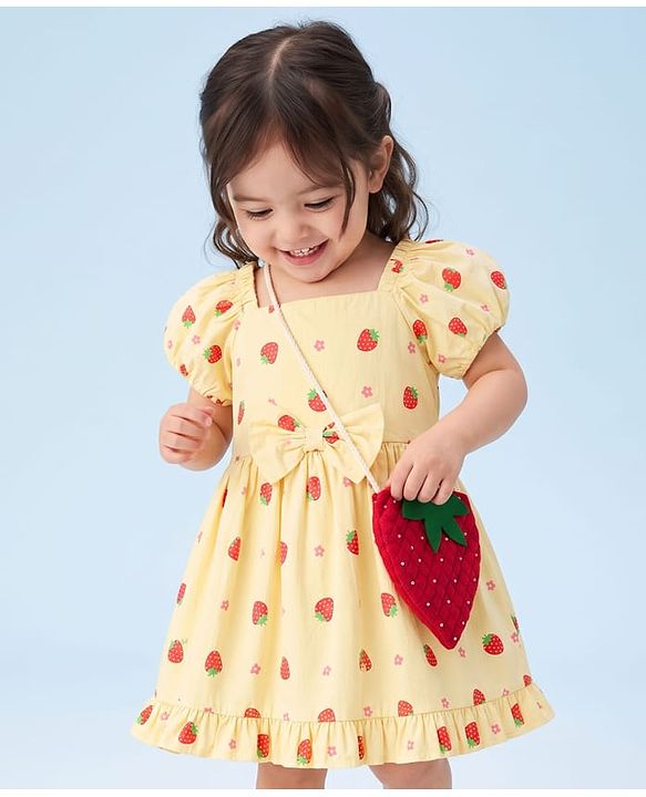 Babyhug 100% Cotton Woven Half Sleeves Strawberry Printed Frock With Bow Applique & Sling Bag - Yellow