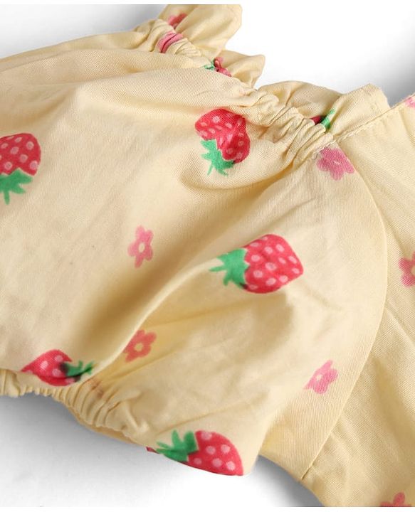 Babyhug 100% Cotton Woven Half Sleeves Strawberry Printed Frock With Bow Applique & Sling Bag - Yellow