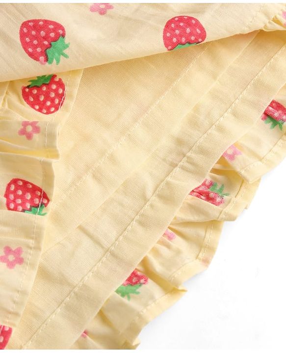 Babyhug 100% Cotton Woven Half Sleeves Strawberry Printed Frock With Bow Applique & Sling Bag - Yellow