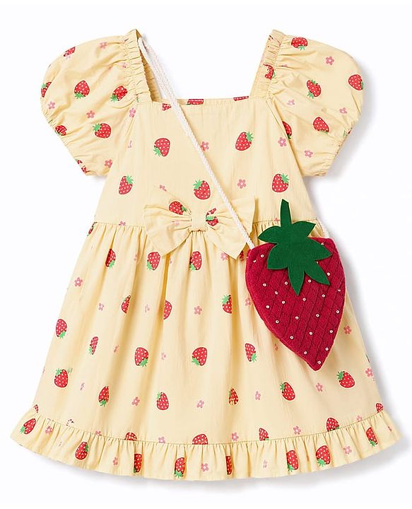 Babyhug 100% Cotton Woven Half Sleeves Strawberry Printed Frock With Bow Applique & Sling Bag - Yellow
