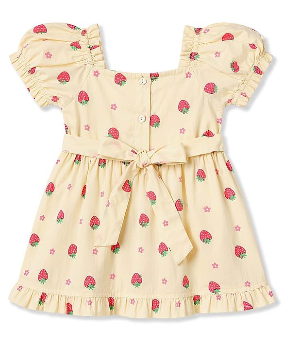 Babyhug 100% Cotton Woven Half Sleeves Strawberry Printed Frock With Bow Applique & Sling Bag - Yellow