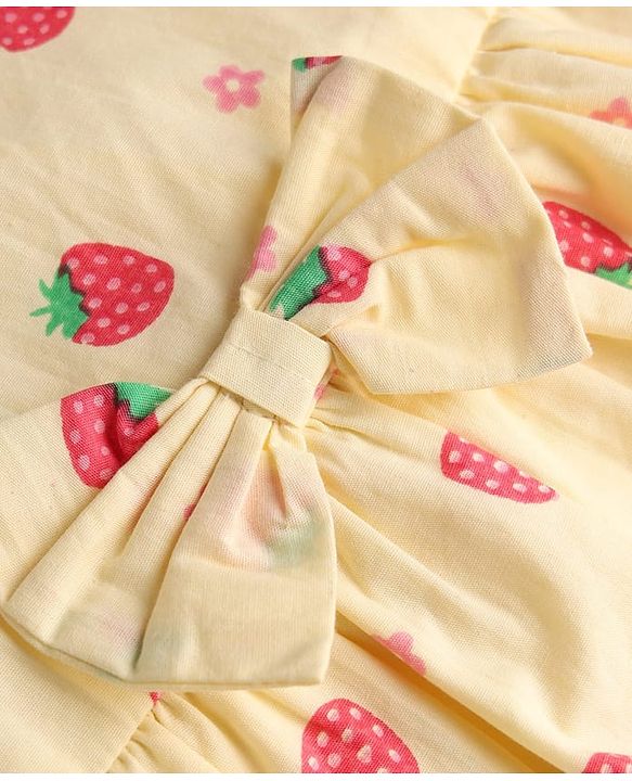 Babyhug 100% Cotton Woven Half Sleeves Strawberry Printed Frock With Bow Applique & Sling Bag - Yellow
