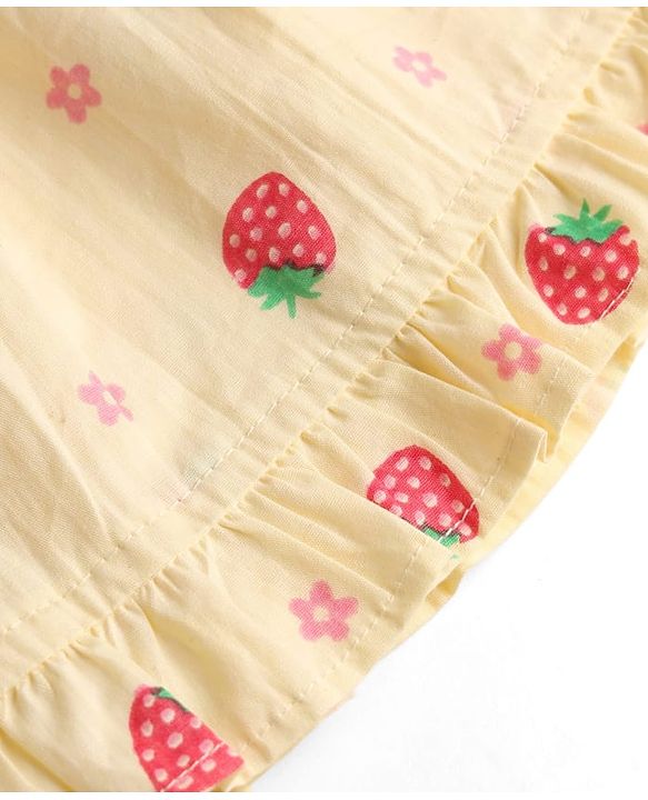 Babyhug 100% Cotton Woven Half Sleeves Strawberry Printed Frock With Bow Applique & Sling Bag - Yellow