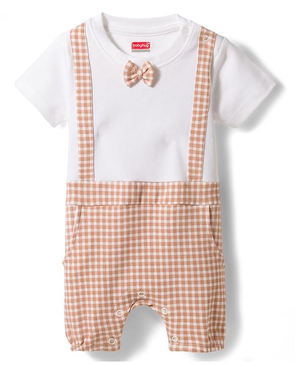 Babyhug 100% Cotton Knit Half Sleeves Checkered Romper with Bow Applique - Multicolor