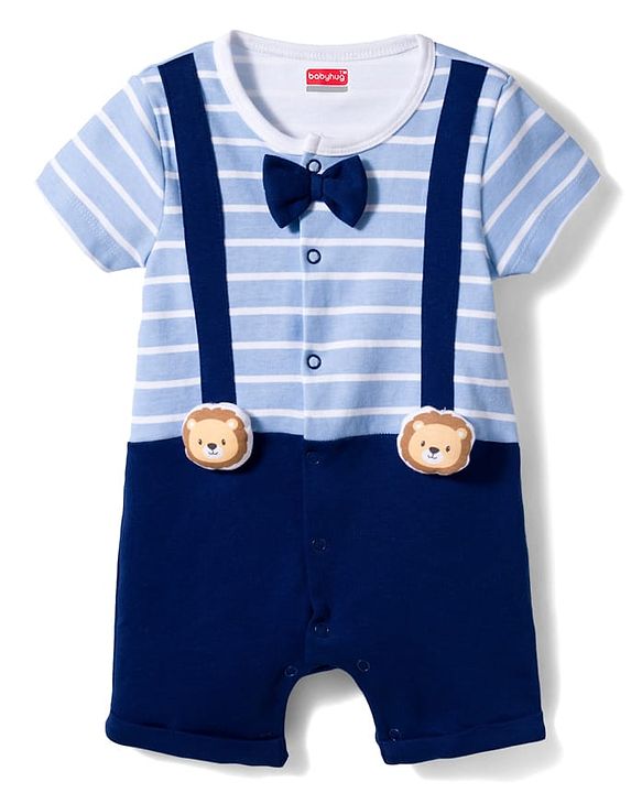 Babyhug 100% Cotton Romper Knit Half Striped Romper with Bow Applique - Multicolor