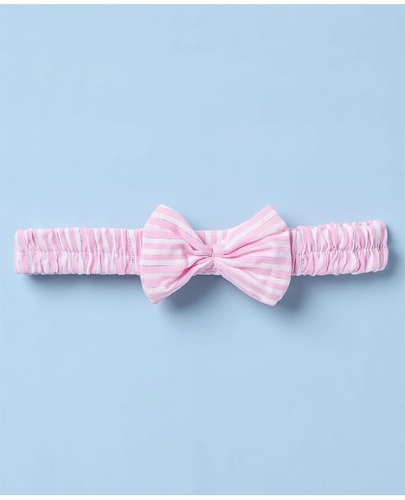 Babyhug Woven Half Frill Sleeves Striped Frock With Bow Applique & Lace Detailing & Headband - Pink