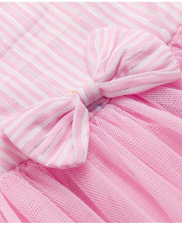 Babyhug Woven Half Frill Sleeves Striped Frock With Bow Applique & Lace Detailing & Headband - Pink