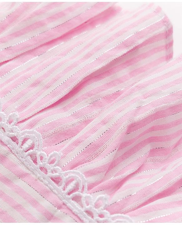 Babyhug Woven Half Frill Sleeves Striped Frock With Bow Applique & Lace Detailing & Headband - Pink
